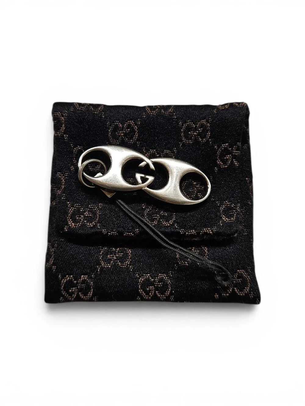 Gucci Double G Monogram Keychain Charm In Silver With Dust Pouch